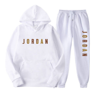Gold Print Hooded Long Sleeve Fleece Lined Sports Casual Jacket and Pants Set