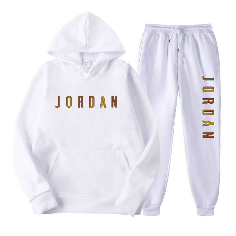 Gold Print Hooded Long Sleeve Fleece Lined Sports Casual Jacket and Pants Set