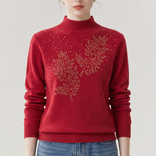 Half high neck sweater with leaf pattern