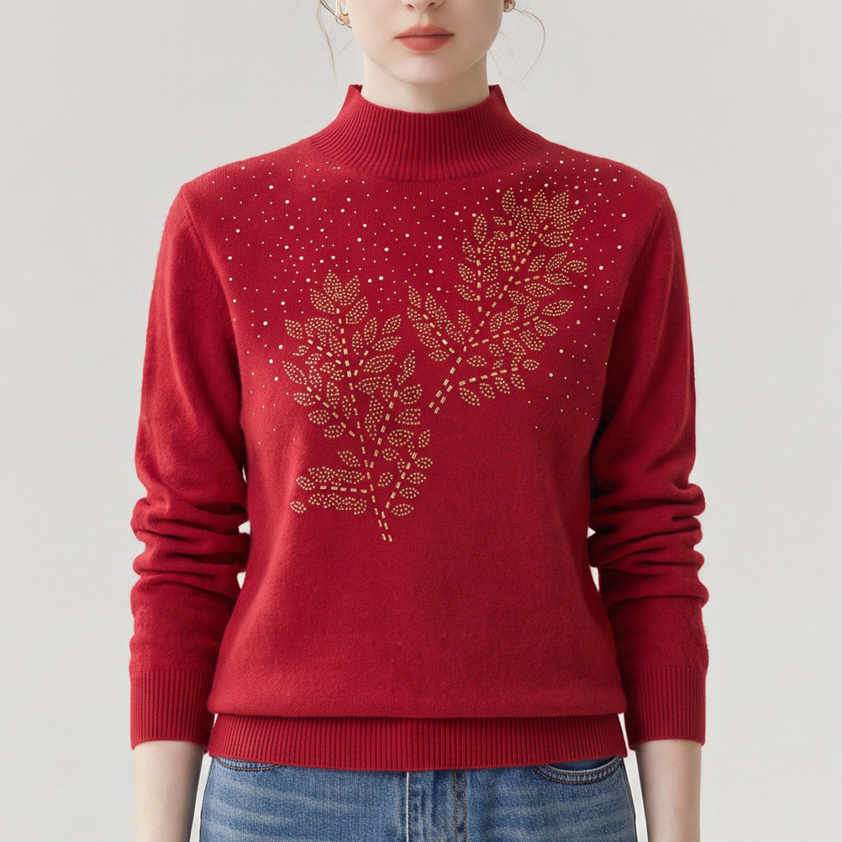 Half high neck sweater with leaf pattern
