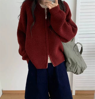 Round neck double zipper short sweater