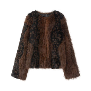 Round neck long sleeved printed faux fur jacket for women