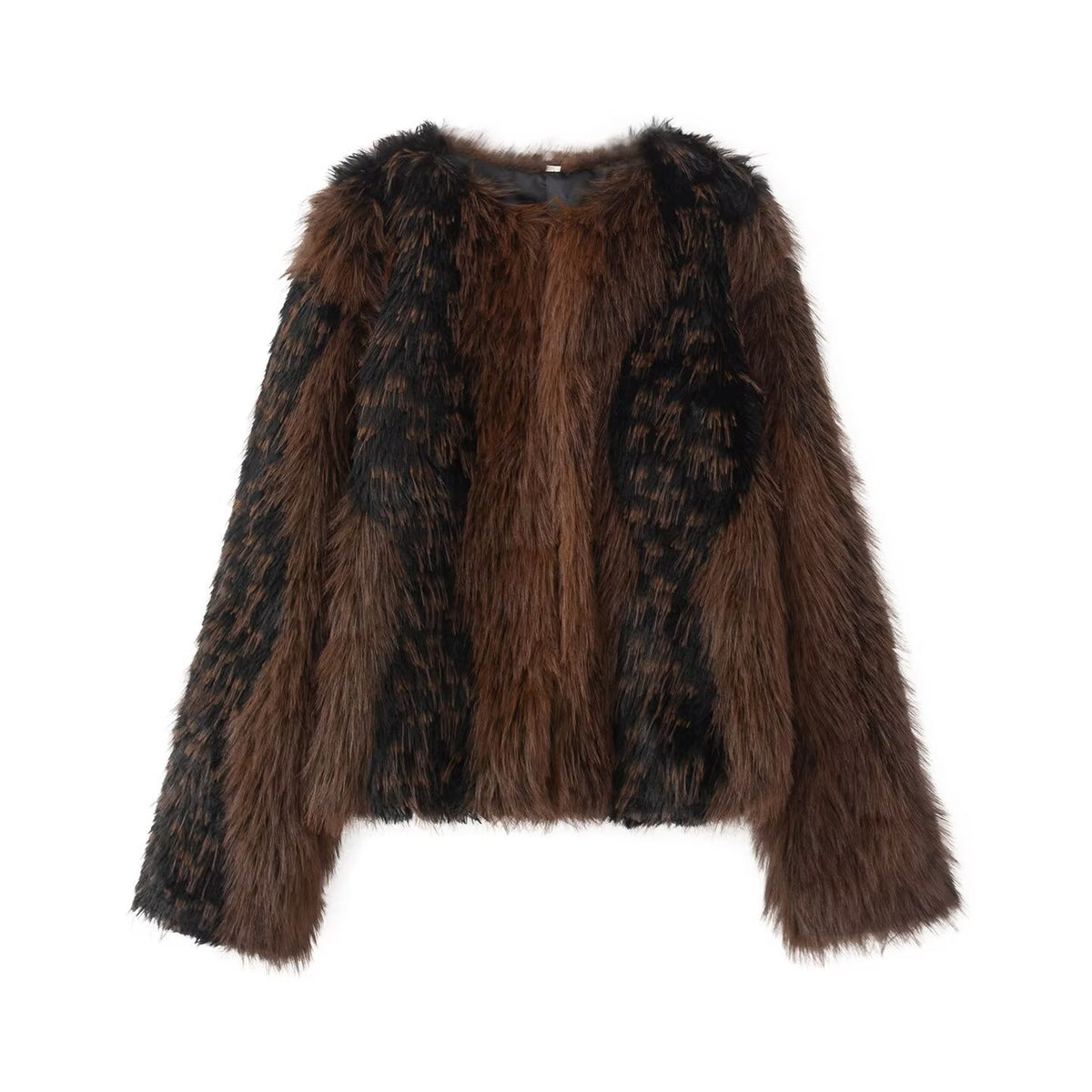 Round neck long sleeved printed faux fur jacket for women