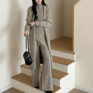 Solid color inner vest outer mid length cardigan high waist wide leg pants three piece set