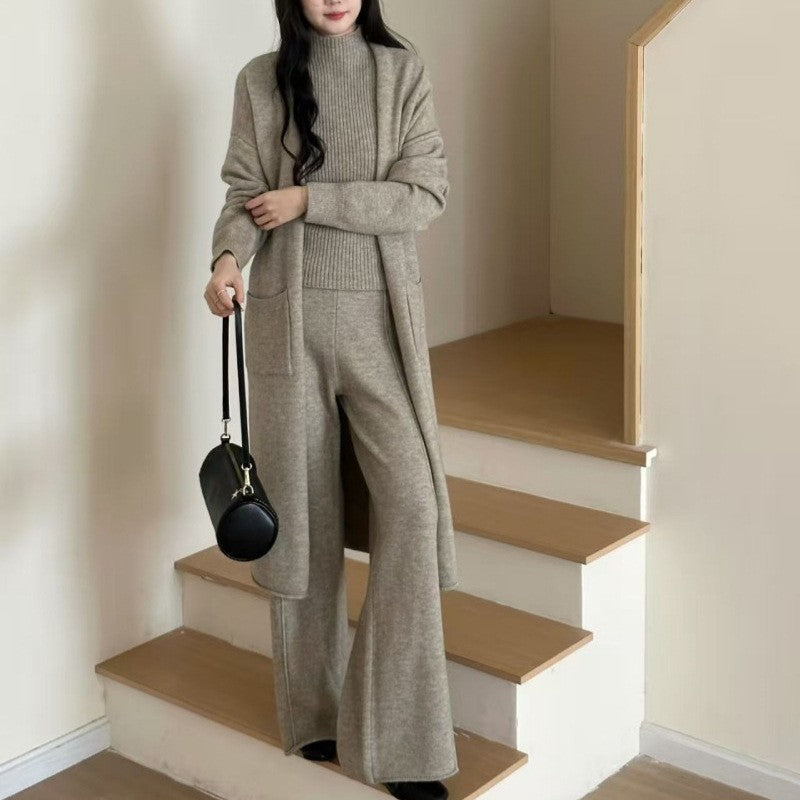 Solid color inner vest outer mid length cardigan high waist wide leg pants three piece set