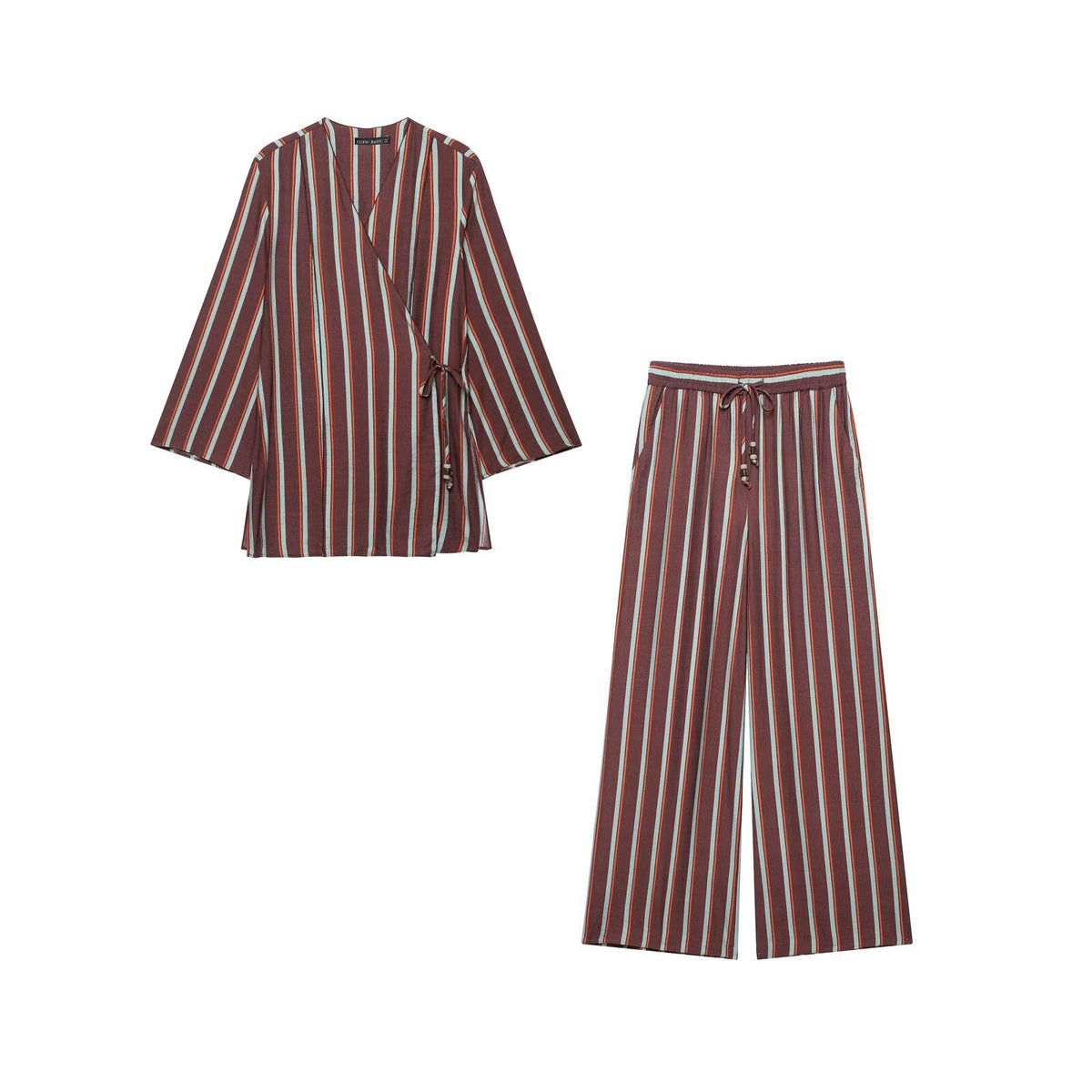 Deep V-neck double breasted striped jacket+pants set for women