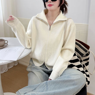 Stand up collar zipper sweater for women