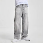 Casual Men's Distressed Gray Design Denim Pants, Vintage Fashion Washed Jeans