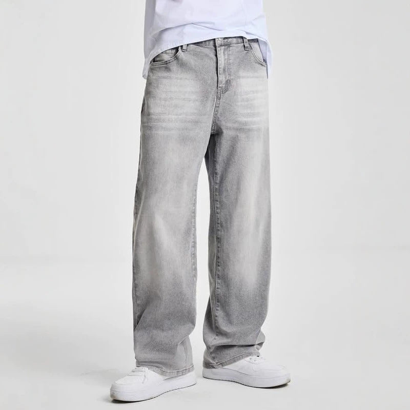Casual Men's Distressed Gray Design Denim Pants, Vintage Fashion Washed Jeans