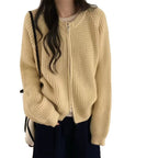 Round neck double zipper short sweater