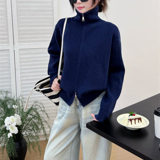 Stand up collar zipper sweater for women