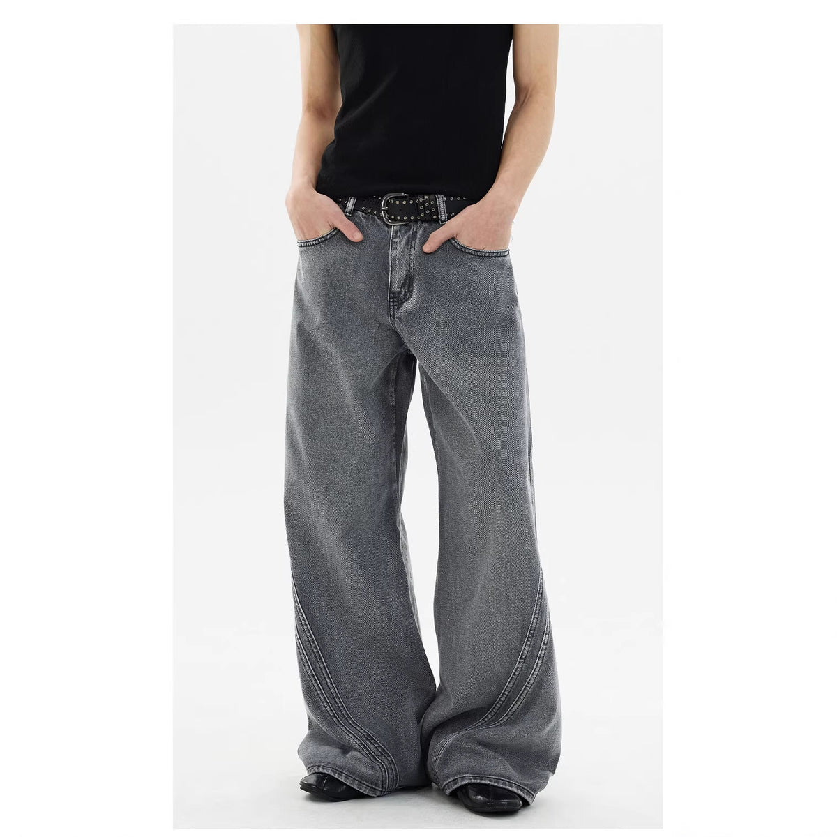 Street Style Vintage Washed Denim Pants for Men, Loose Straight Leg Wide Leg Fashionable Design Pants