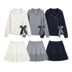 Irregular Knot Bow Tie Knitted Shirt Short Skirt Set for Women