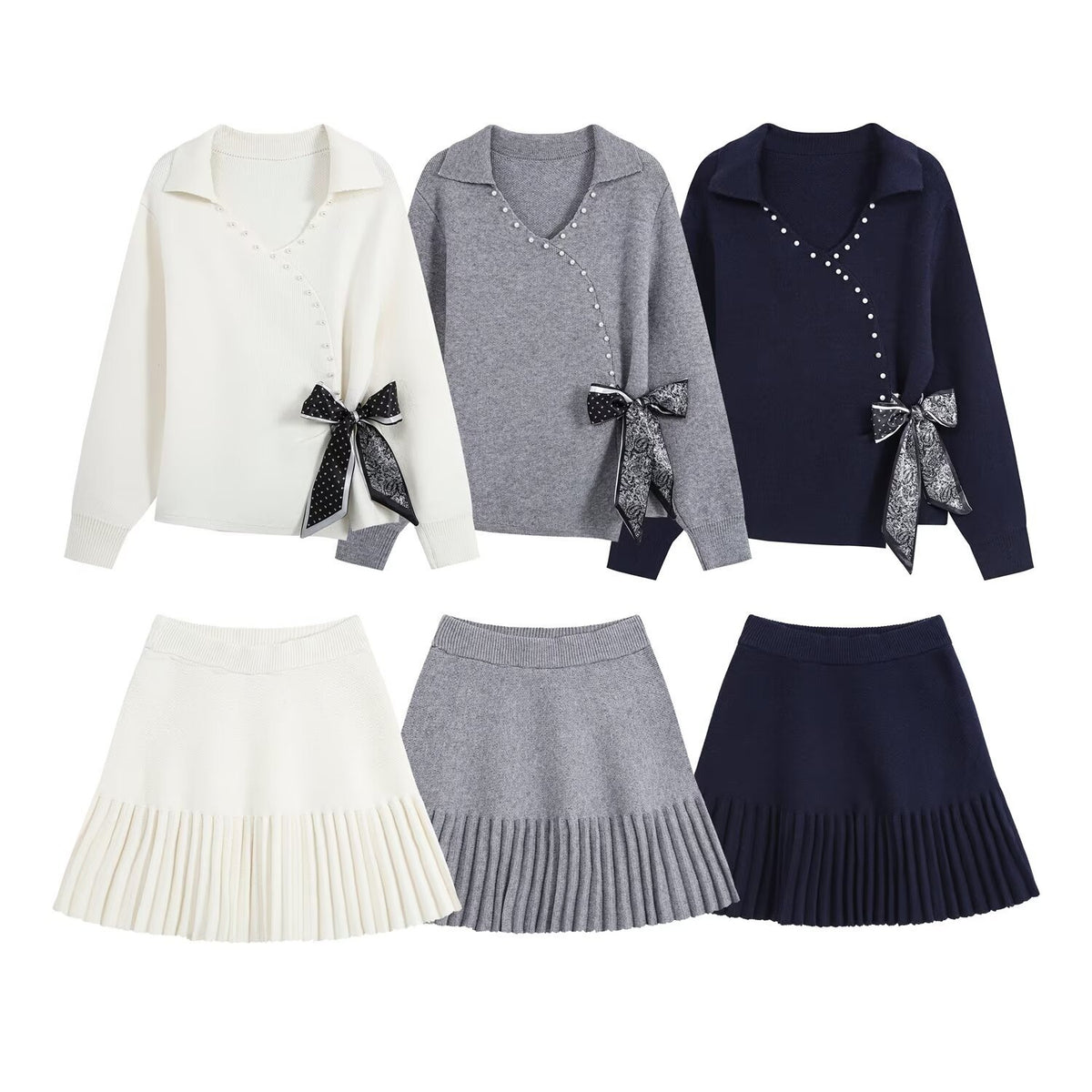 Irregular Knot Bow Tie Knitted Shirt Short Skirt Set for Women