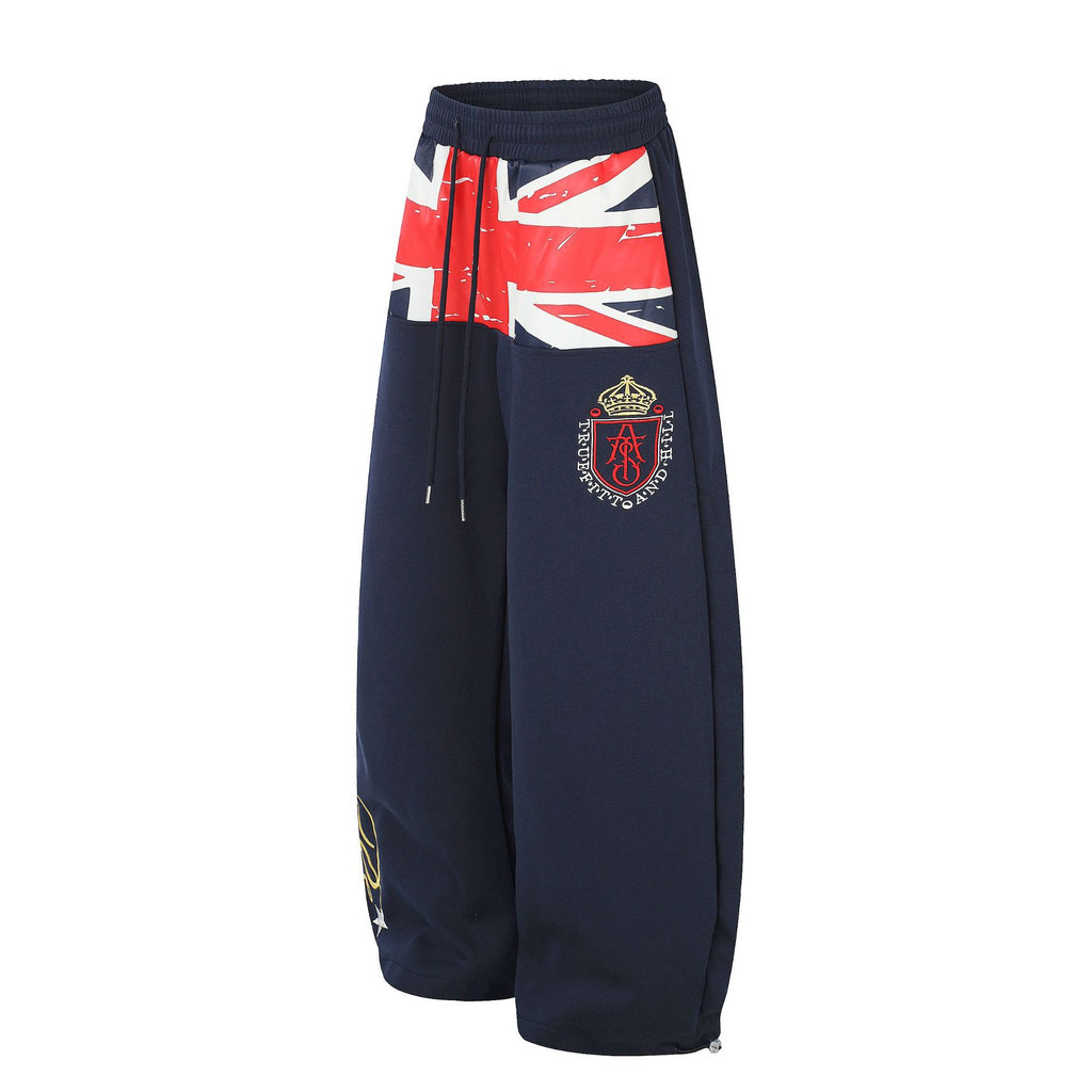 Color Block Flag Print Badge Embroidery Drawstring Loose Wide Leg Sweatpants