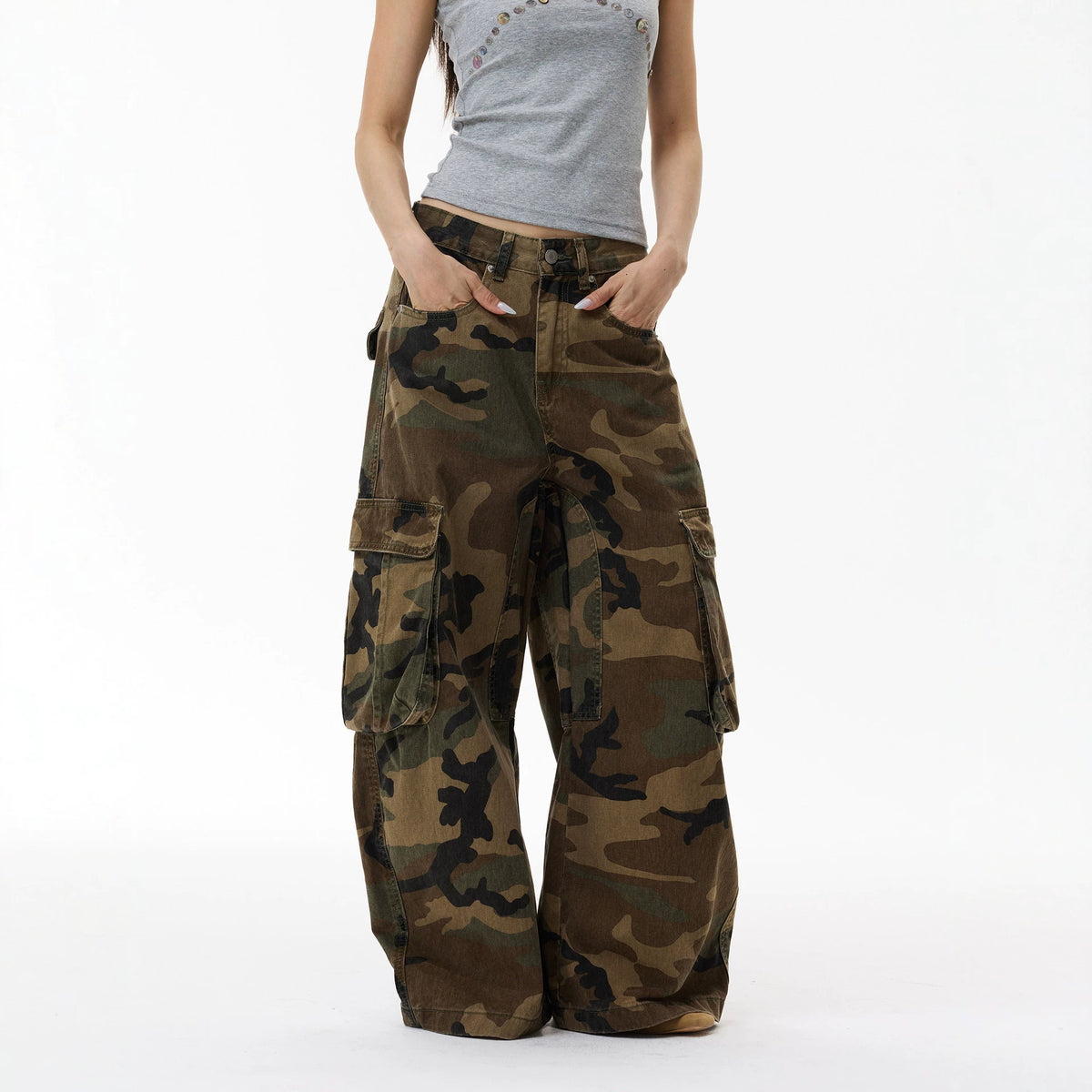 Vintage Street Washed Pocket Knife Camouflage Cargo Pants Men's INS Fashion Wide Leg Jeans Long Pants