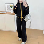 Color blocked zipper cardigan two-piece set